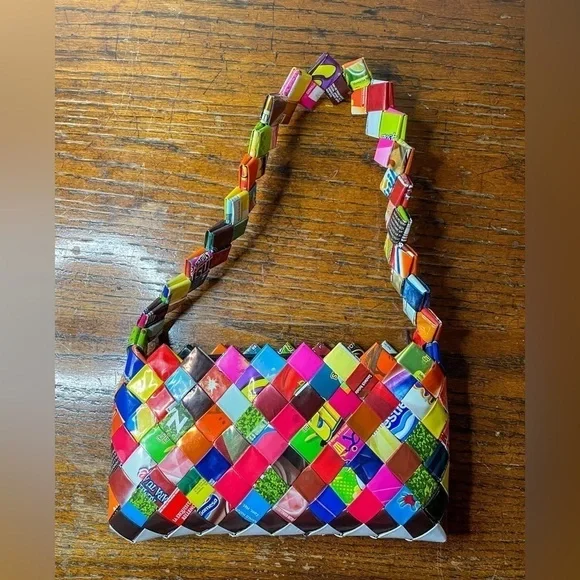 Colorful Candy Wrapper Woven Purse | Eco-Friendly Handmade Shoulder Bag - Picture 7 of 13